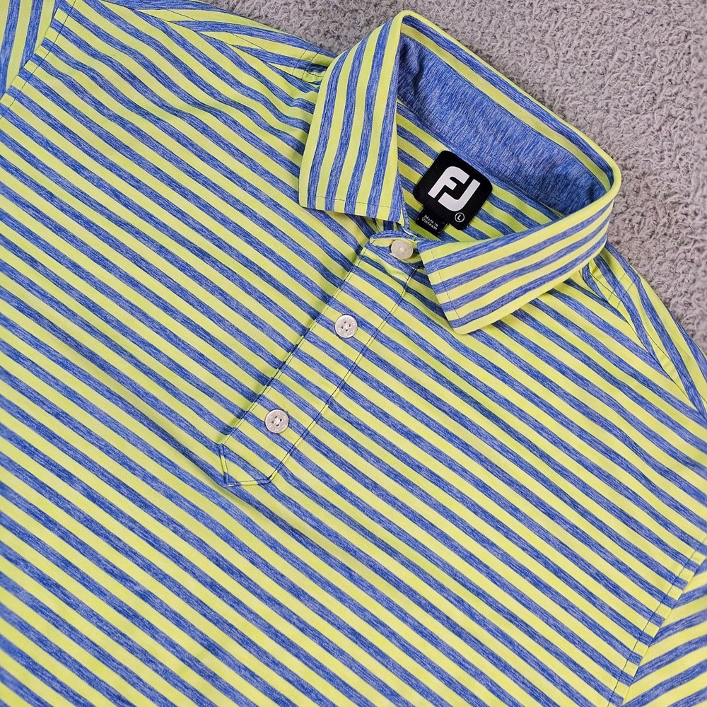 FootJoy Polo Shirt Mens Large Yellow Blue Striped Golf Performance Stretch